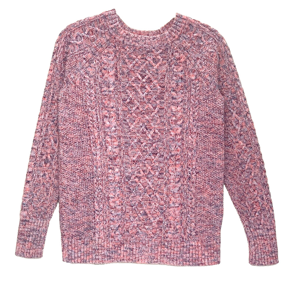 GAP Double Cable Knit Crewneck Sweater S Pink Blue Marled Fisherman Cotton EUC